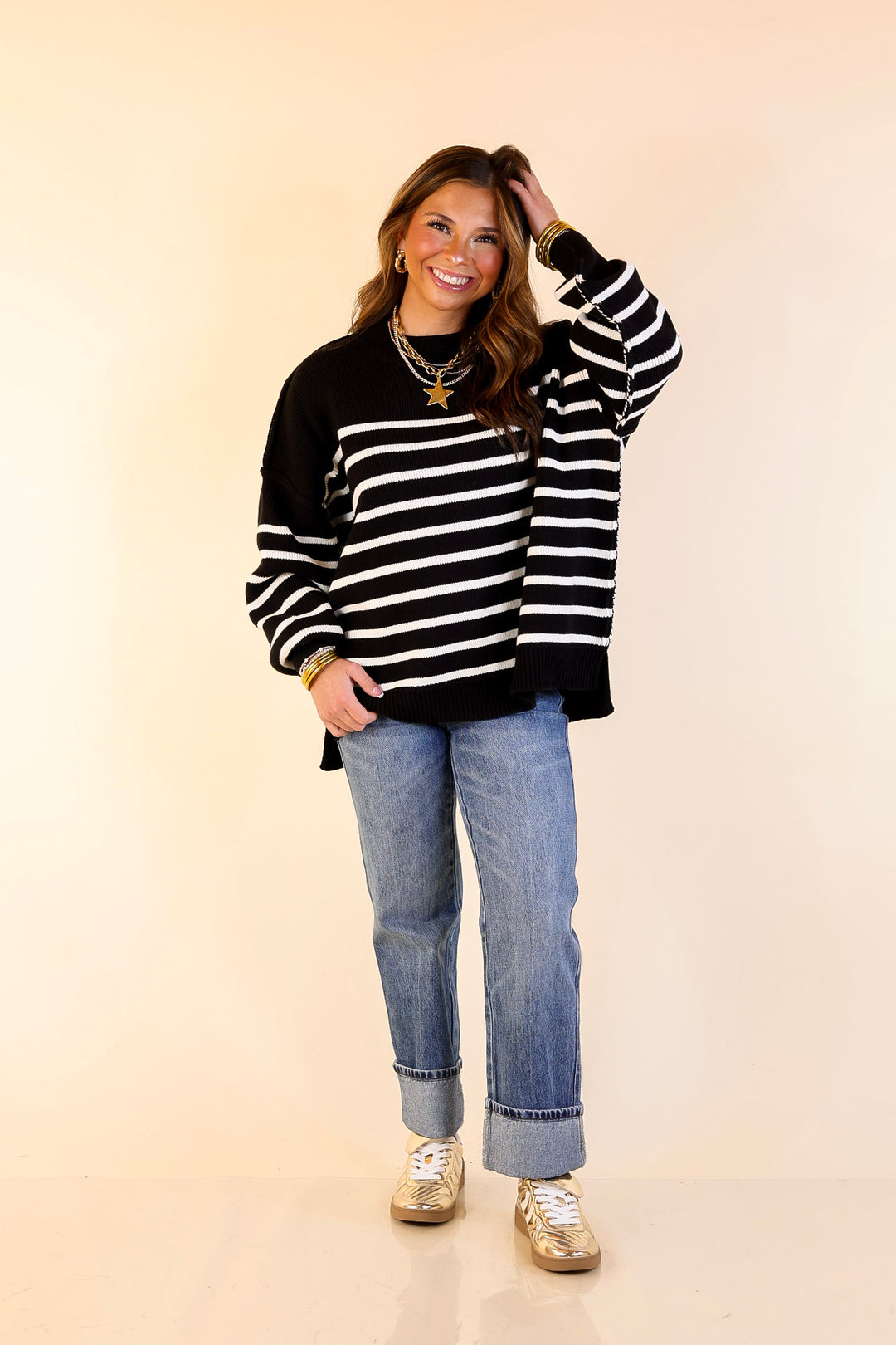 Snug and Stylish Mock Neck Striped Sweater with Side Slit in Black with Ivory Stripes