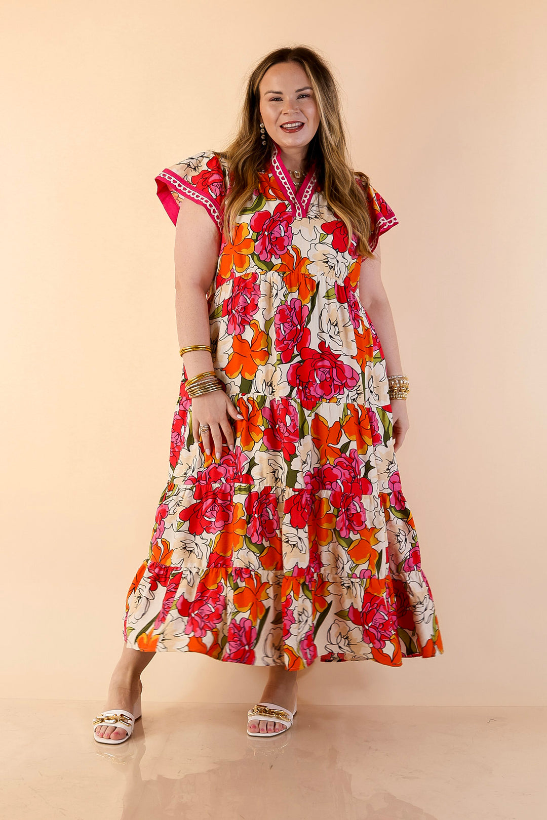 Spring Symphony Floral Print Tiered Midi Dress with Flutter Sleeves in Pink and Orange