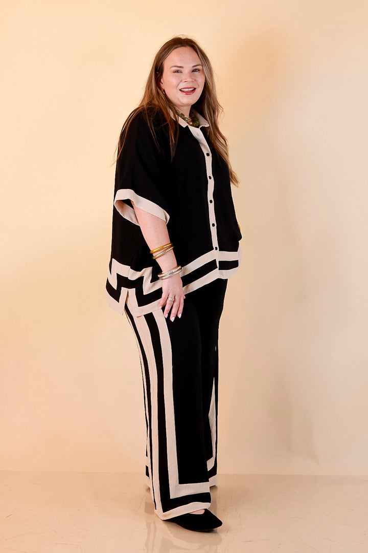 First Class Chic Button Front Collared Top with Matching Wide Leg Pants Set in Black and Ivory