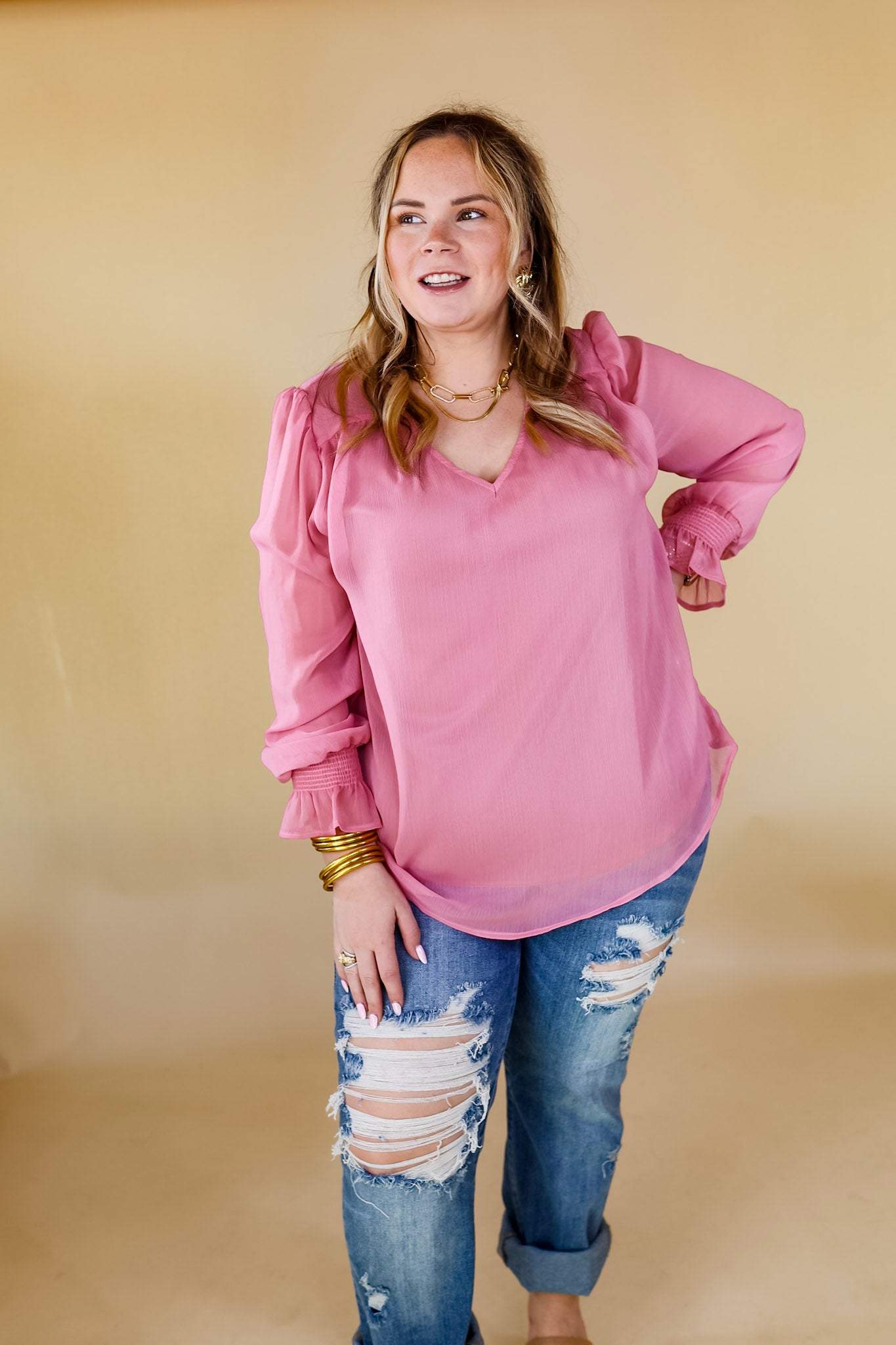 Casually Stunning V Neck Long Sleeve Blouse in Mauve Pink - Giddy Up Glamour Boutique
