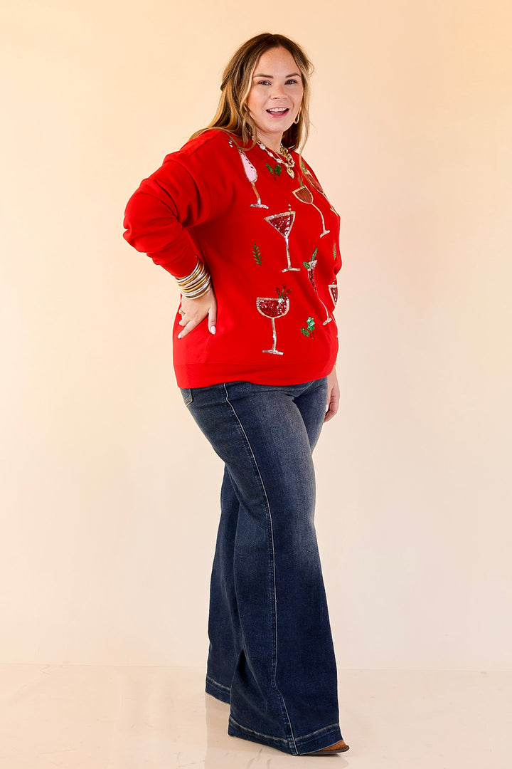 Mud Pie | Season's Sippings Oversized Sequin Cocktail Graphic Sweatshirt in Red