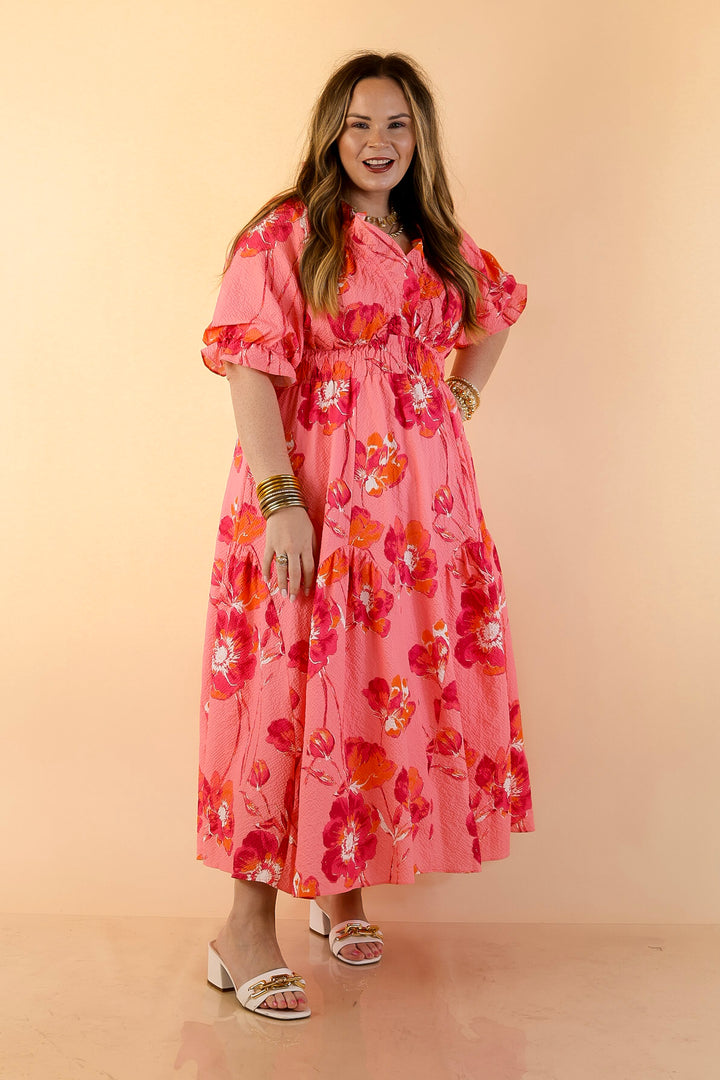 Breezy Belle Floral Print Textured Puff Sleeve Midi Dress with Smocked Waist in Pink Mix