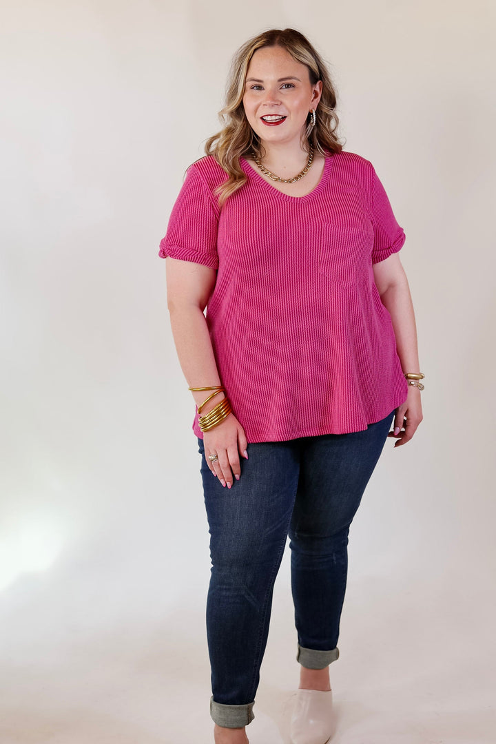 Only True Love Ribbed Short Sleeve Top with Front Pocket in Orchid Pink - Giddy Up Glamour Boutique