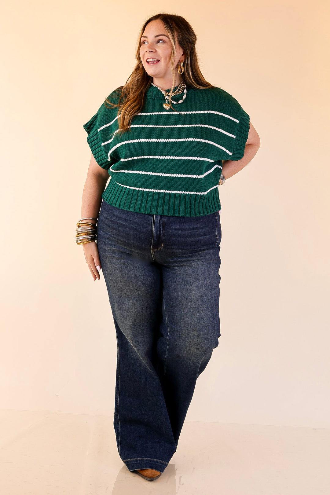 Sweet in Stripes Short Sleeve Striped Mock Neck Sweater in Forest Green