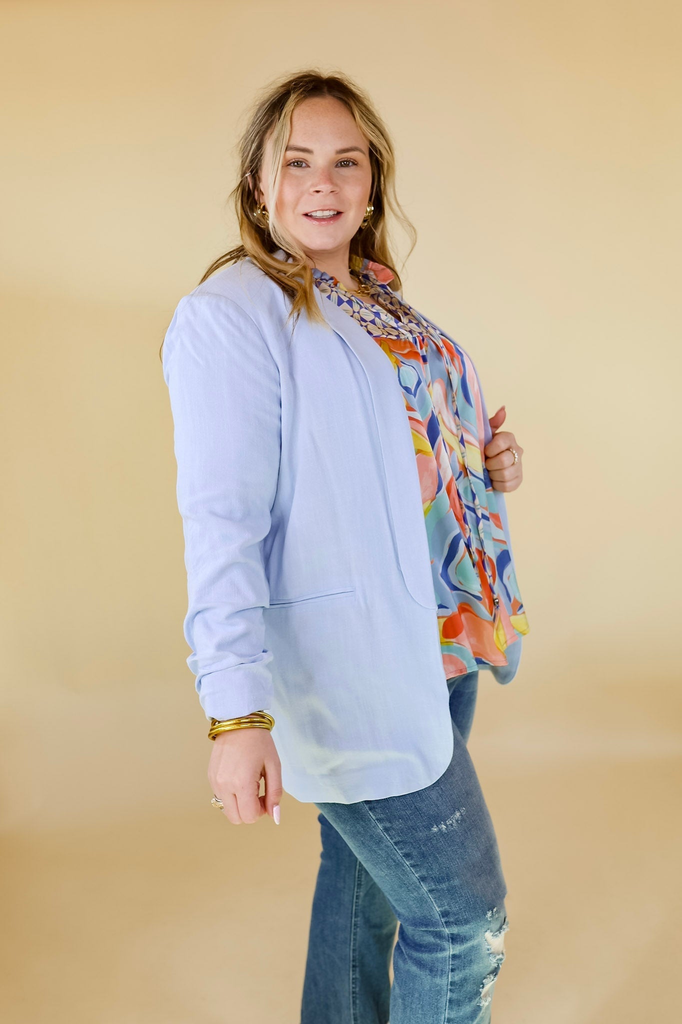 Promise Me Open Front Linen Blazer in Light Blue - Giddy Up Glamour Boutique