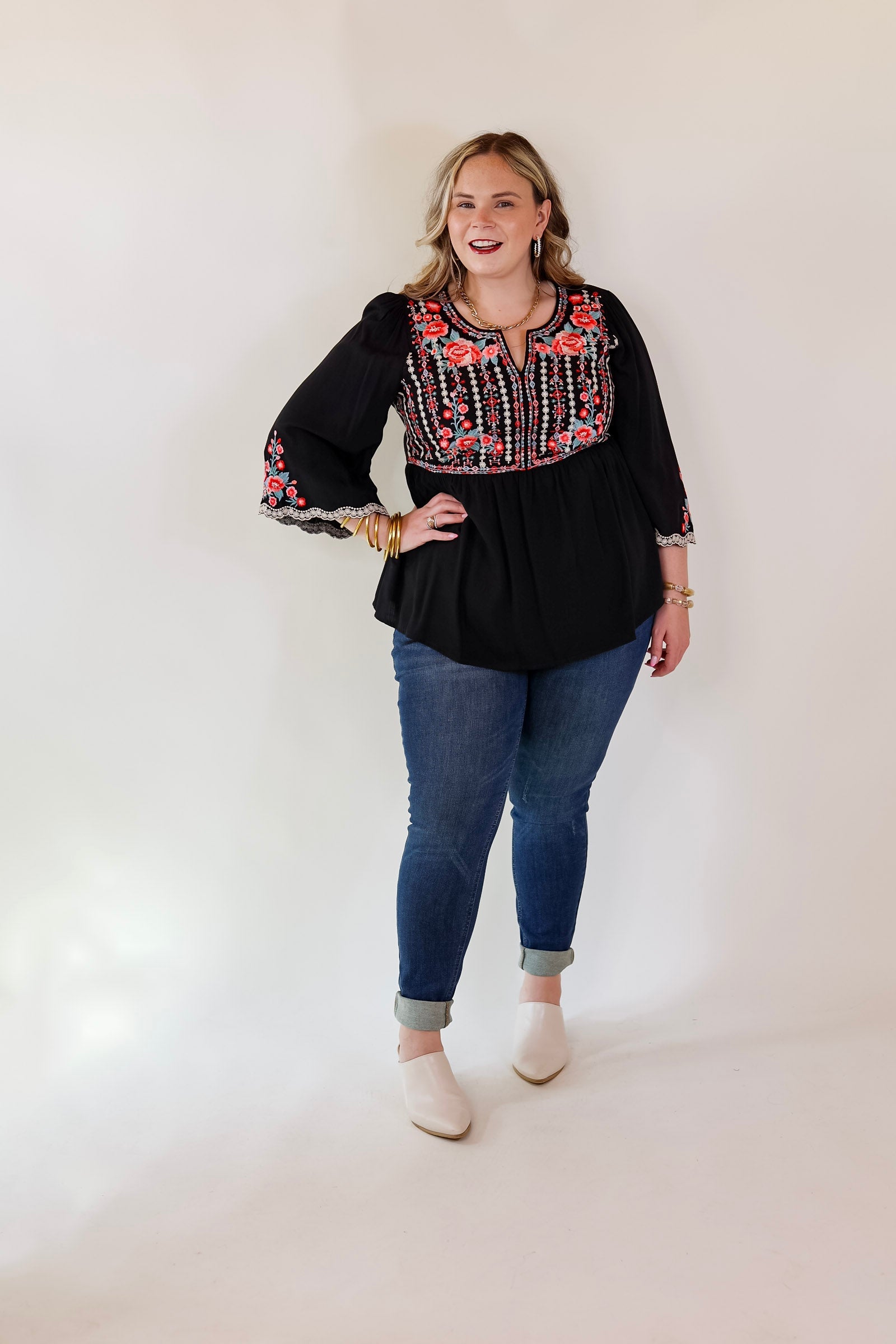 Already Mine 3/4 Bell Sleeve Embroidered Babydoll Top in Black - Giddy Up Glamour Boutique