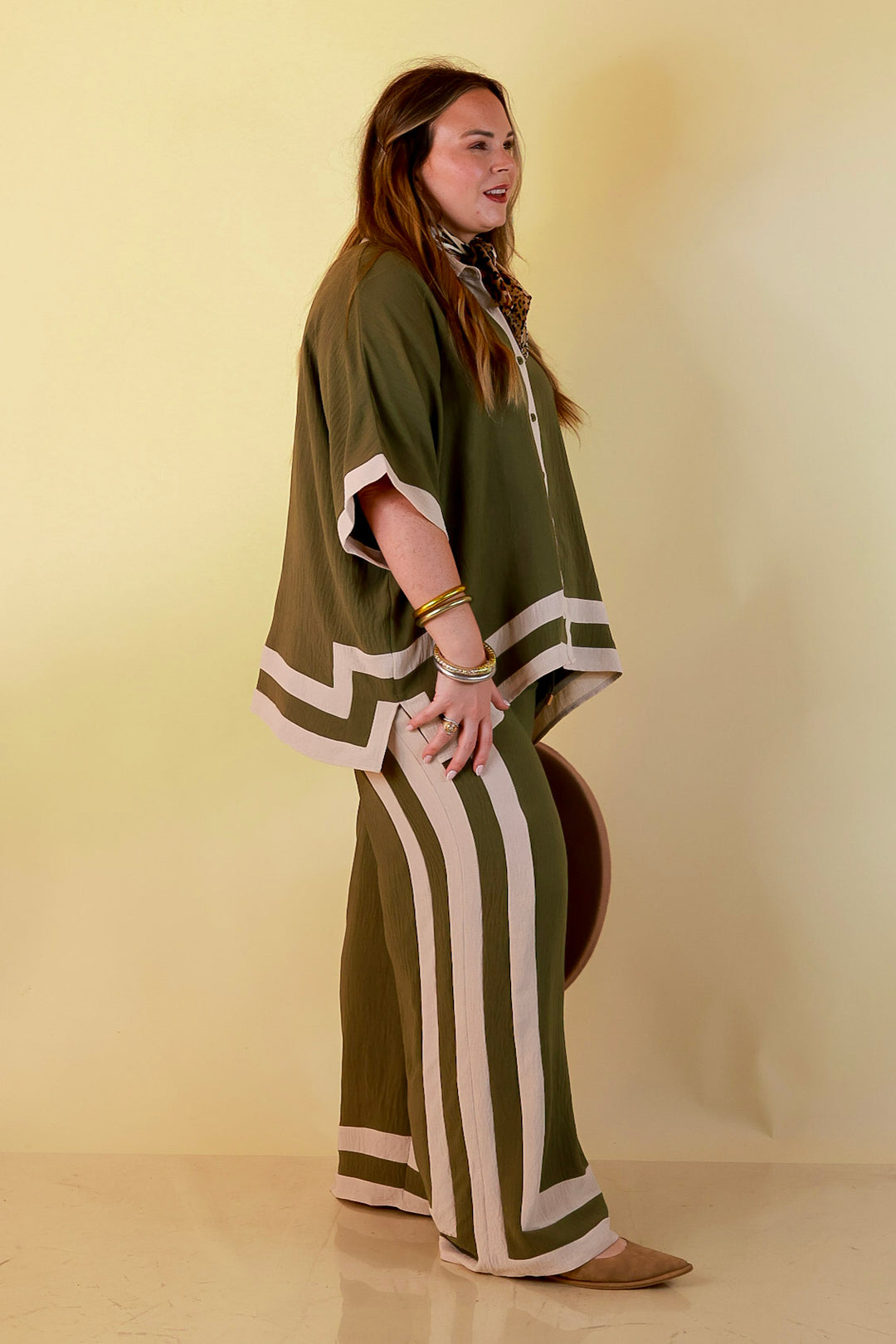 First Class Chic Button Front Collared Top with Matching Wide Leg Pants Set in Olive Green and Ivory