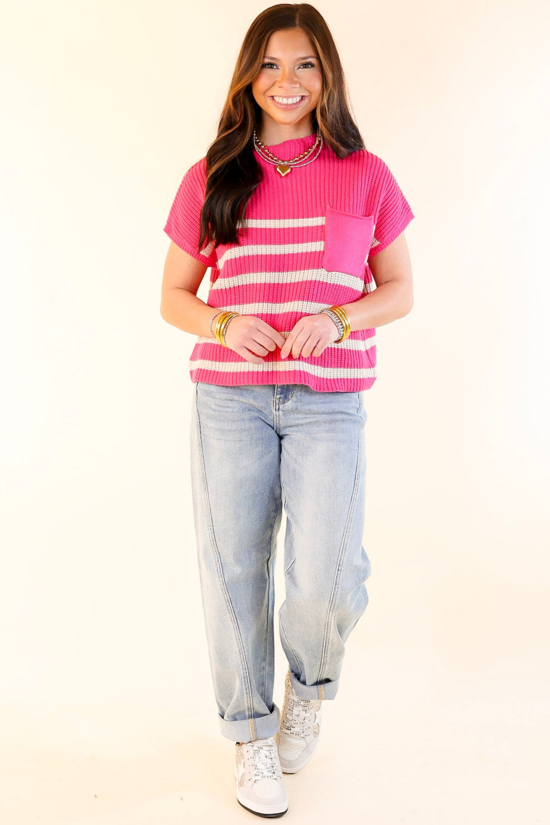 Repeat Worthy Striped Cap Sleeve Cropped Sweater with Front Pocket in Hot Pink