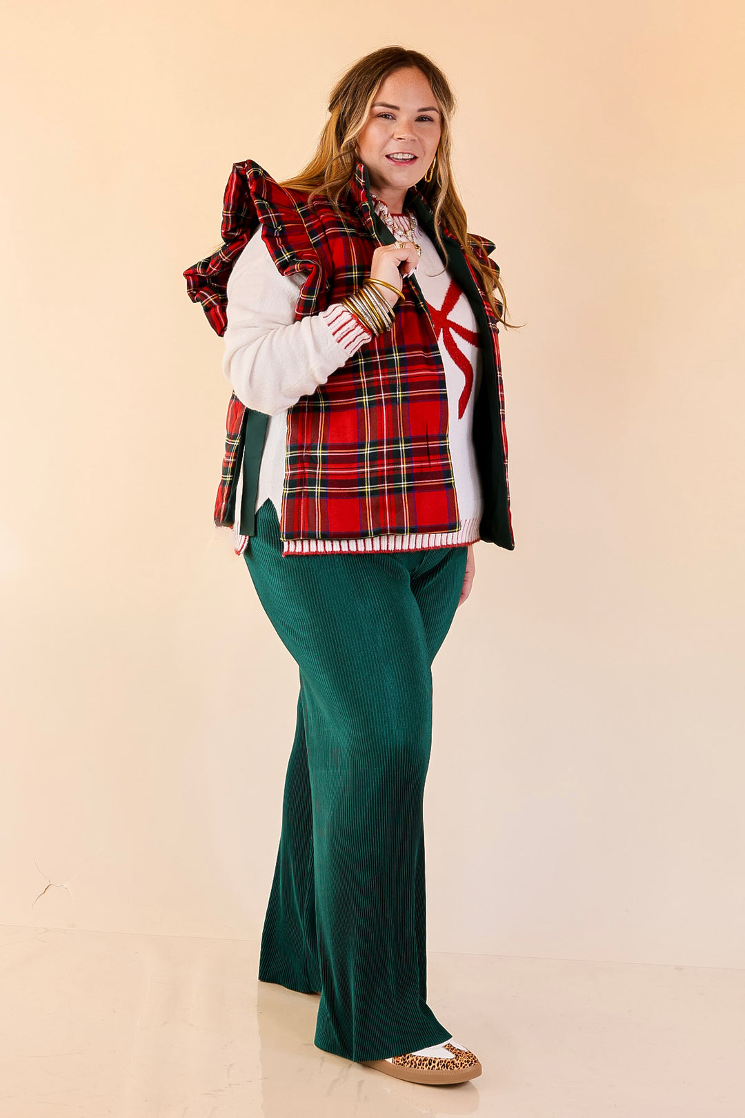 Mud Pie | Jefferies Quilted Plaid Reversible Vest with Ruffle Cap Sleeves and Bow Side Closure in Red