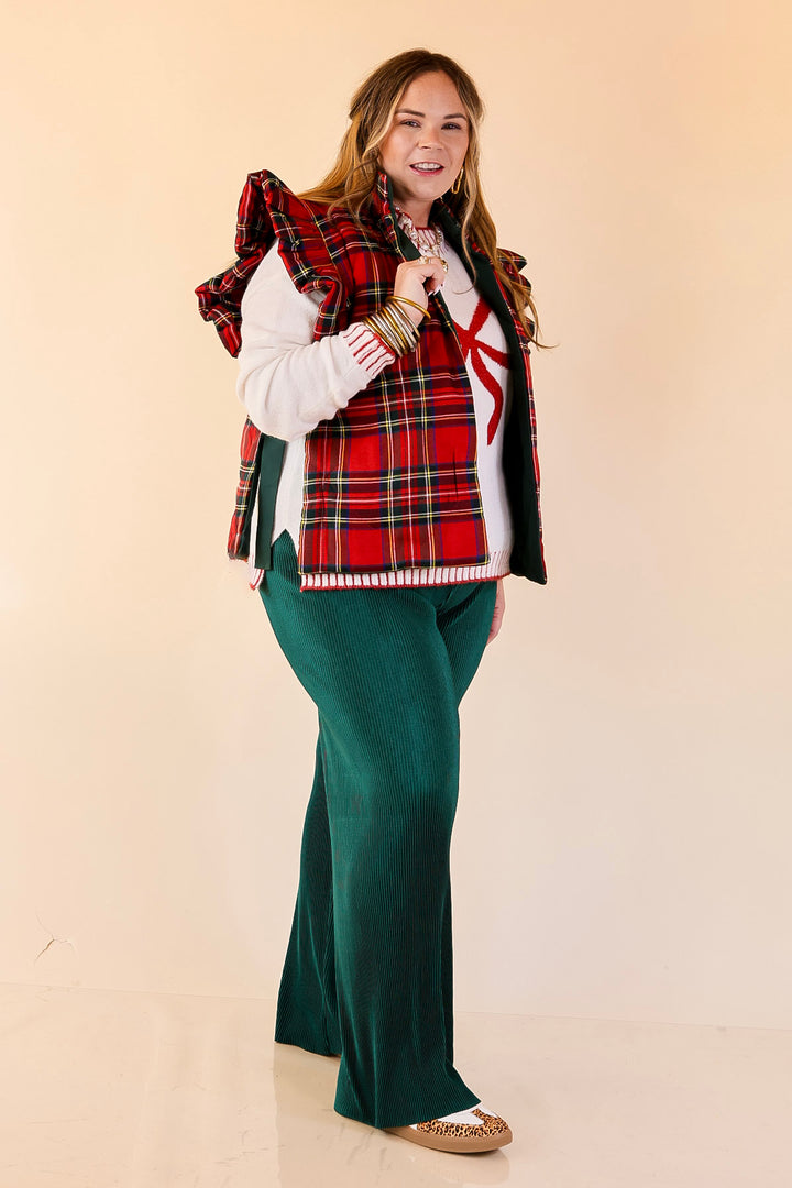 Mud Pie | Jefferies Quilted Plaid Reversible Vest with Ruffle Cap Sleeves and Bow Side Closure in Red