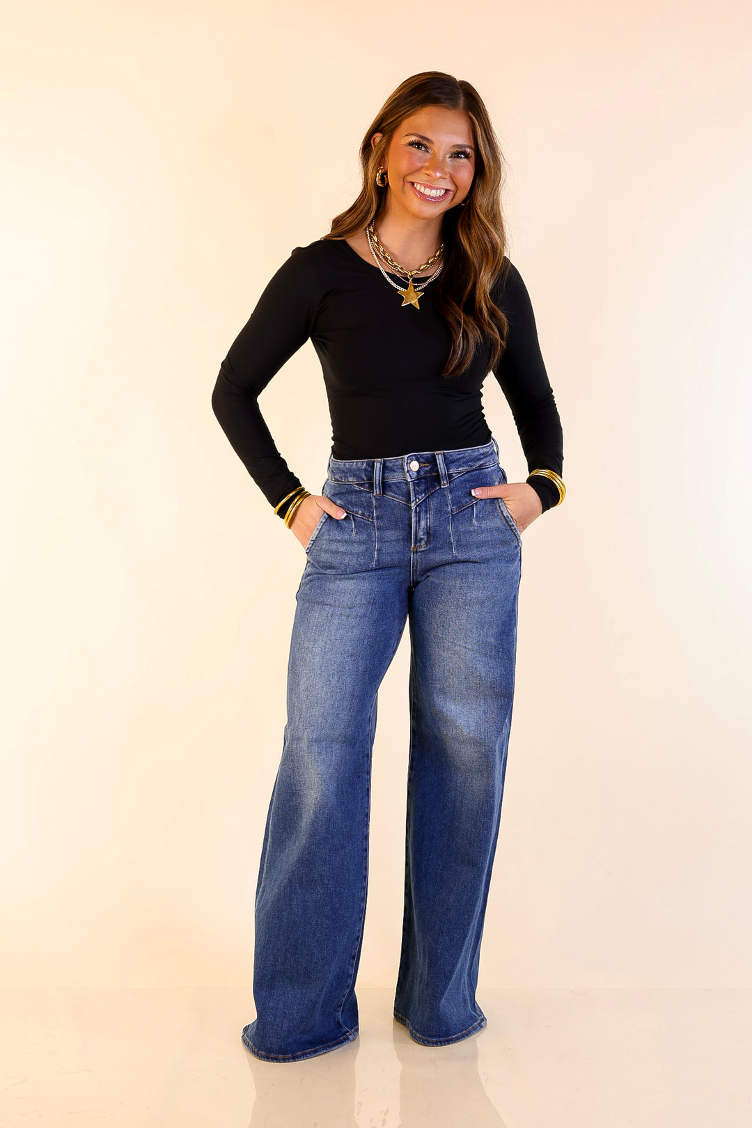 Risen | Rocky Mountain Retreat 90's Inspired Wide Leg Front Yoke Seam Detail Jeans in Dark Wash