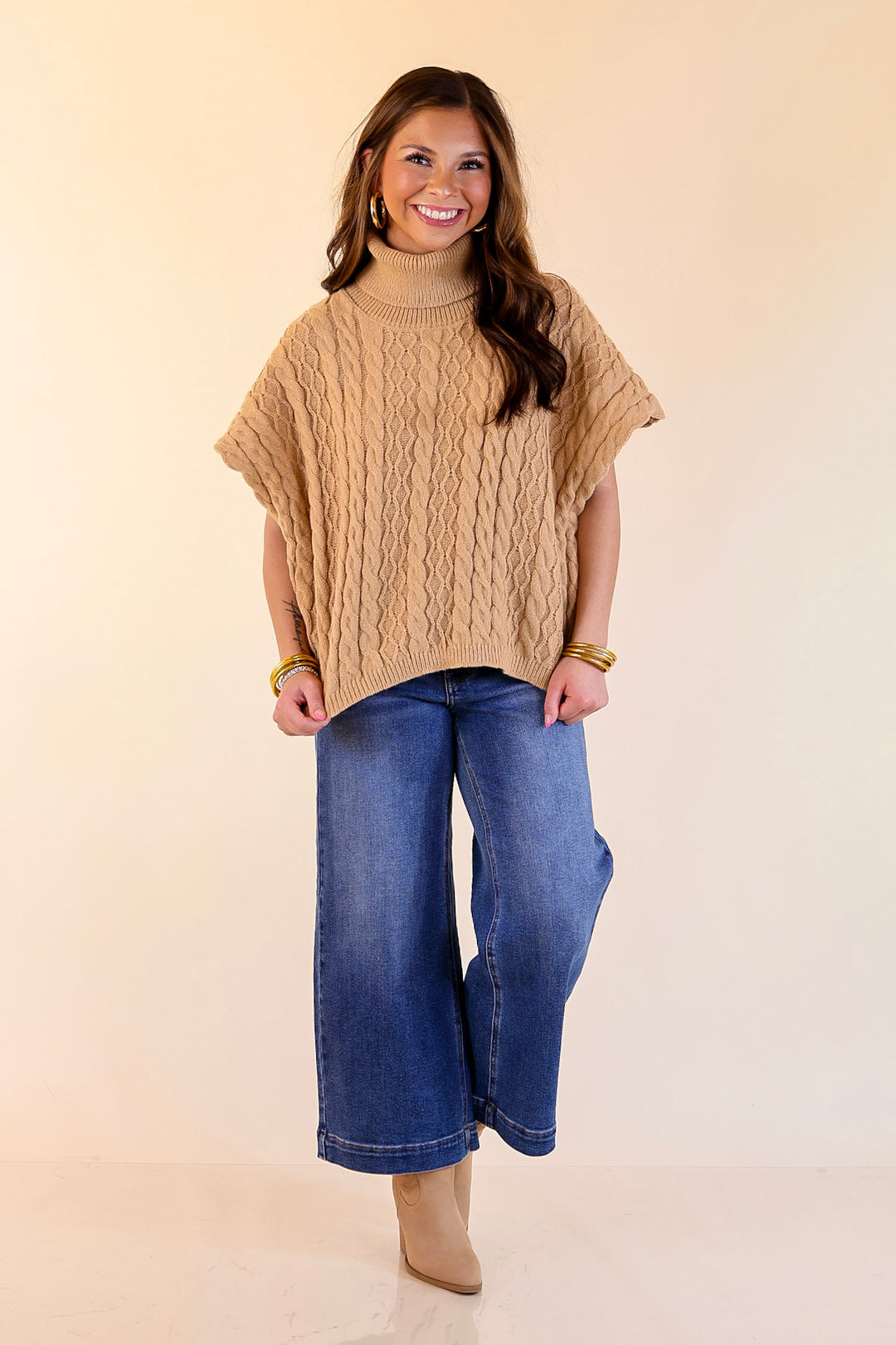 Knit to Be Cable Knit Turtleneck Sweater in Taupe