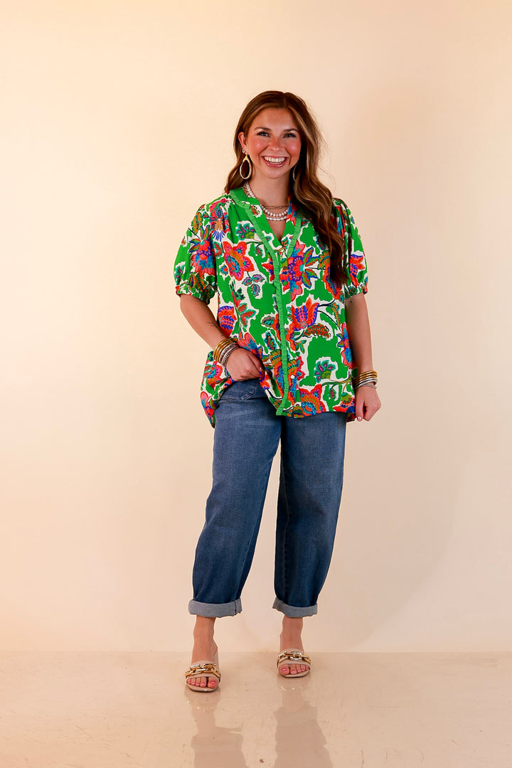 Petal Pop Floral Print Ruffle Front Button Up Top with Puff Sleeves in Green