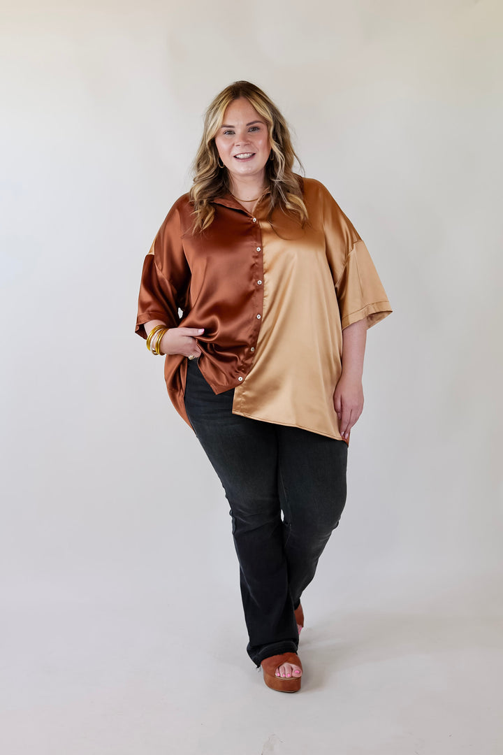 Meant To Be Happy Button Up Color Block Satin Top in Brown Mix - Giddy Up Glamour Boutique