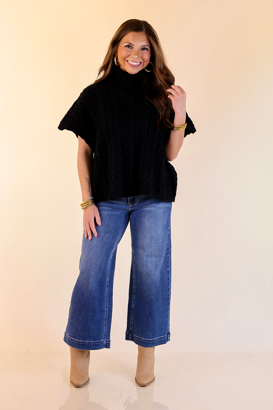 Knit to Be Cable Knit Turtleneck Sweater in Black