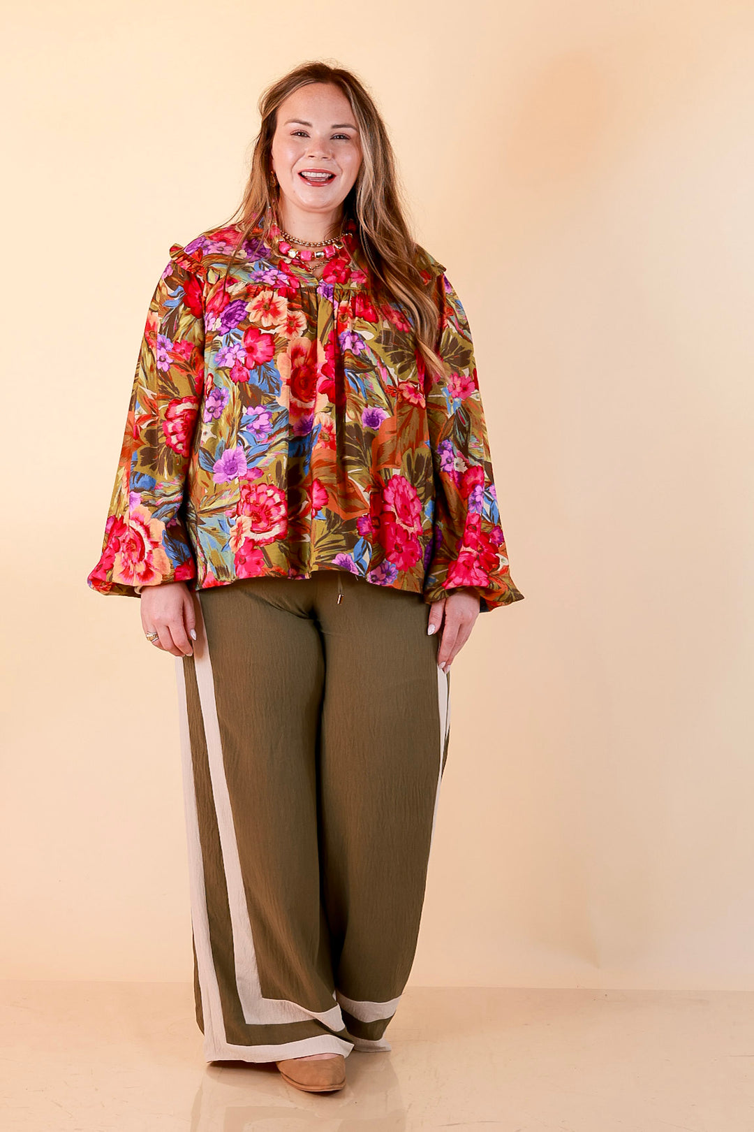 Garden Social Long Sleeve Ruffle Shoulder V-Neck Flowy Floral Print Blouse in Olive Green Multi