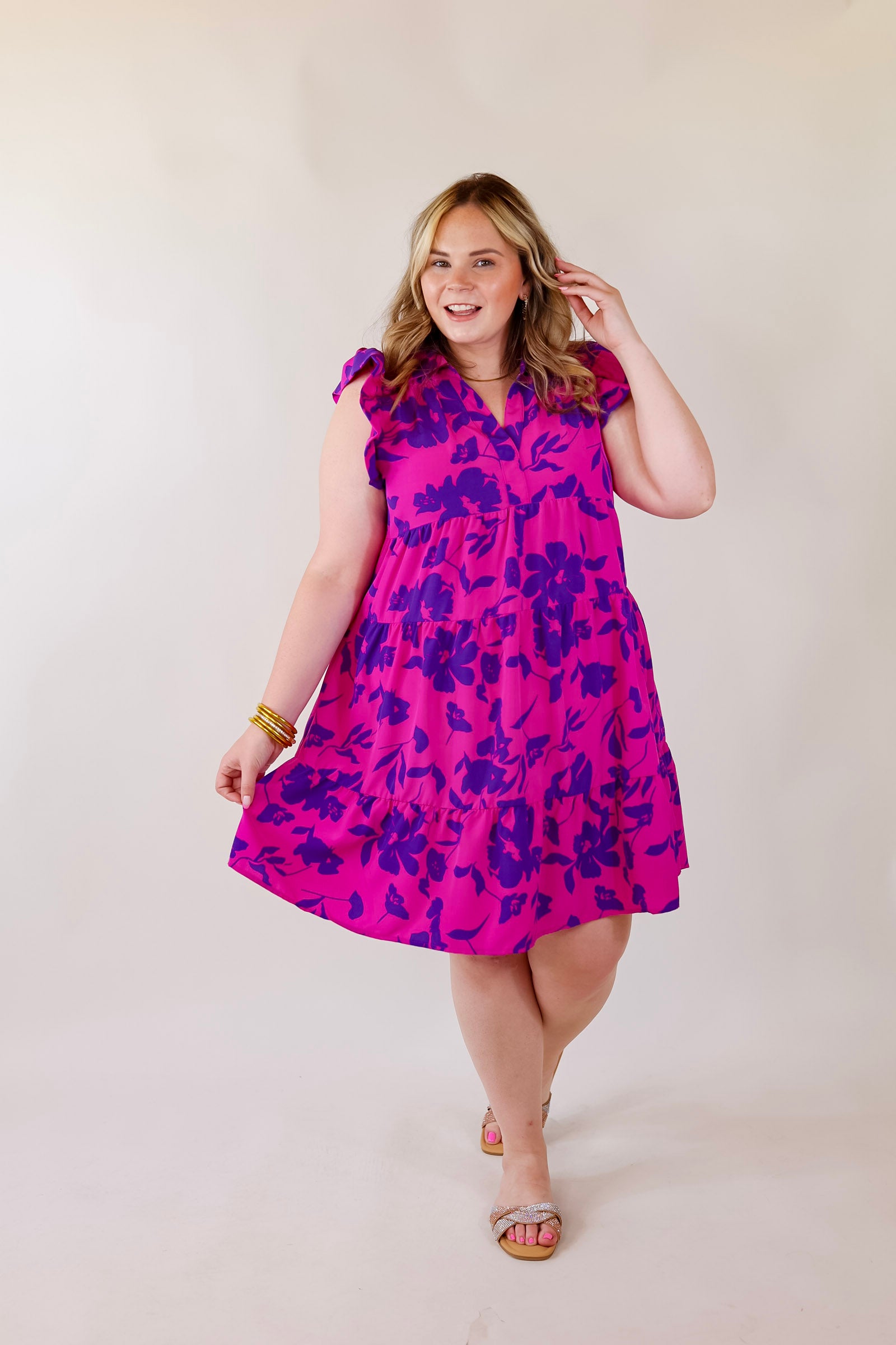 All Of A Sudden Ruffle Cap Sleeve Floral Short Dress in Magenta Mix - Giddy Up Glamour Boutique