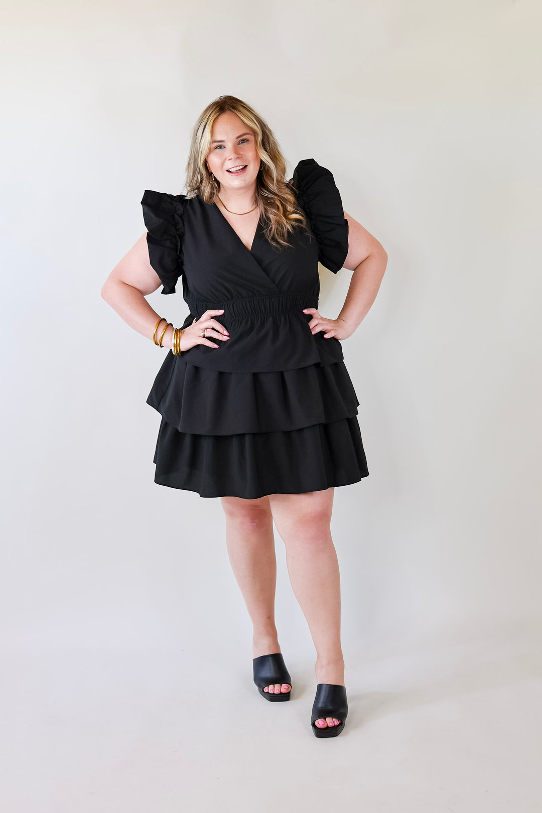The Perfect Night Ruffle Cap Sleeve Dress in Black - Giddy Up Glamour Boutique