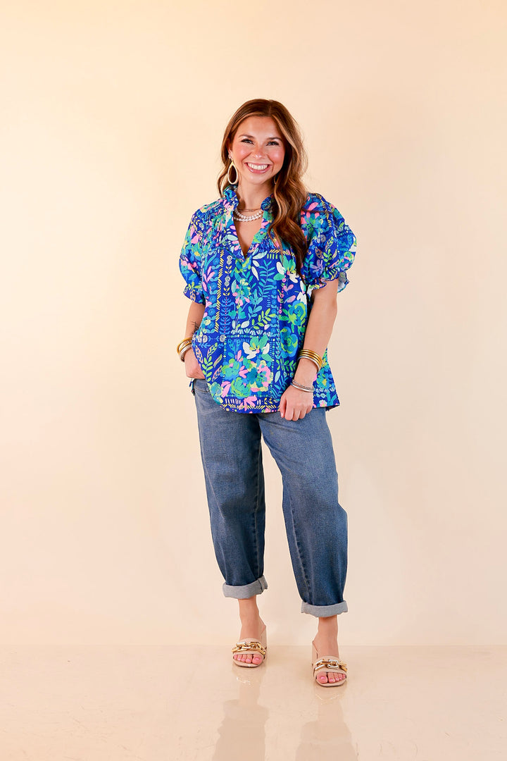 Living in Color Watercolor Floral Print Textured Top with Puff Sleeves in Royal Blue