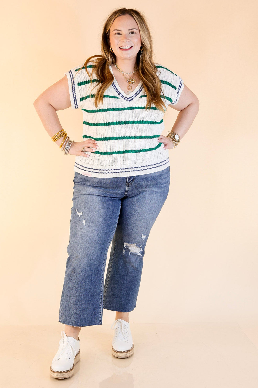 Simply Southern | Go with the Flow Striped Short Sleeve Sweater Top in Green