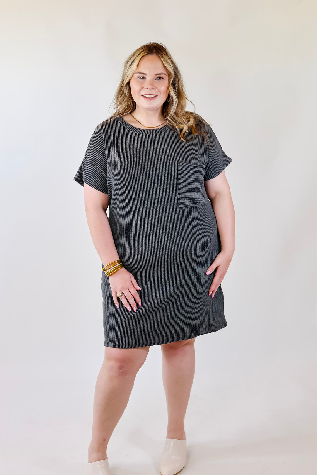 Coffee and Carefree Ribbed Short Sleeve Dress with Front Pocket in Charcoal - Giddy Up Glamour Boutique