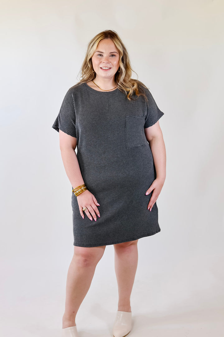 Coffee and Carefree Ribbed Short Sleeve Dress with Front Pocket in Charcoal - Giddy Up Glamour Boutique