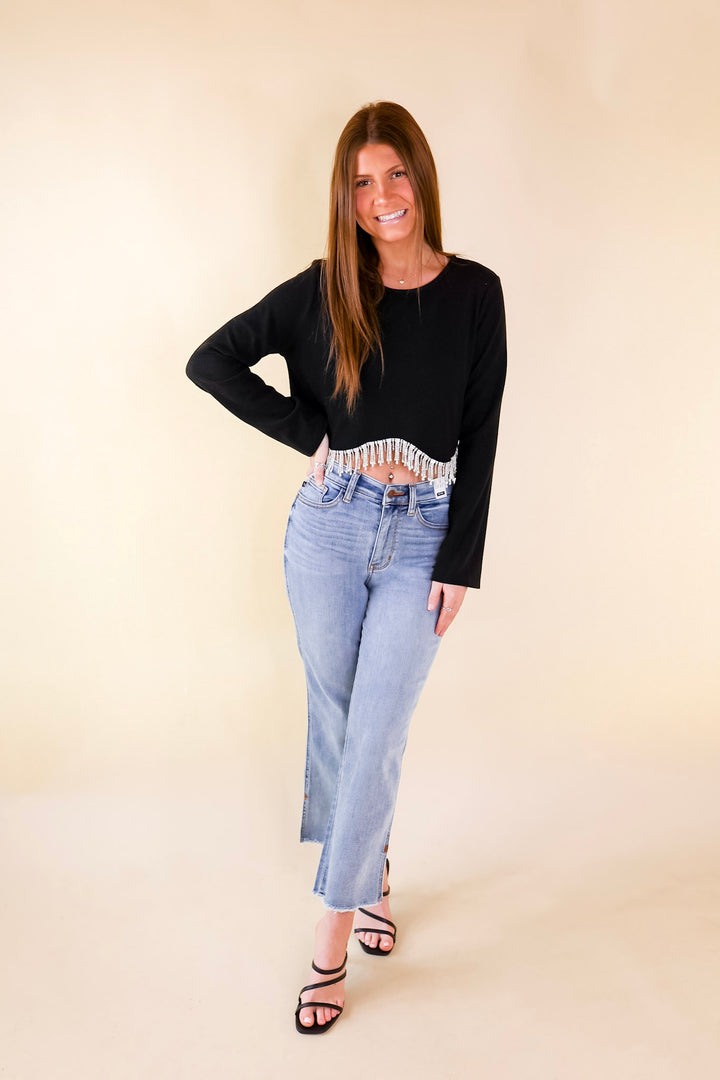 Signature Look Long Sleeve Crop Top with Crystal Fringe Trim in Black - Giddy Up Glamour Boutique