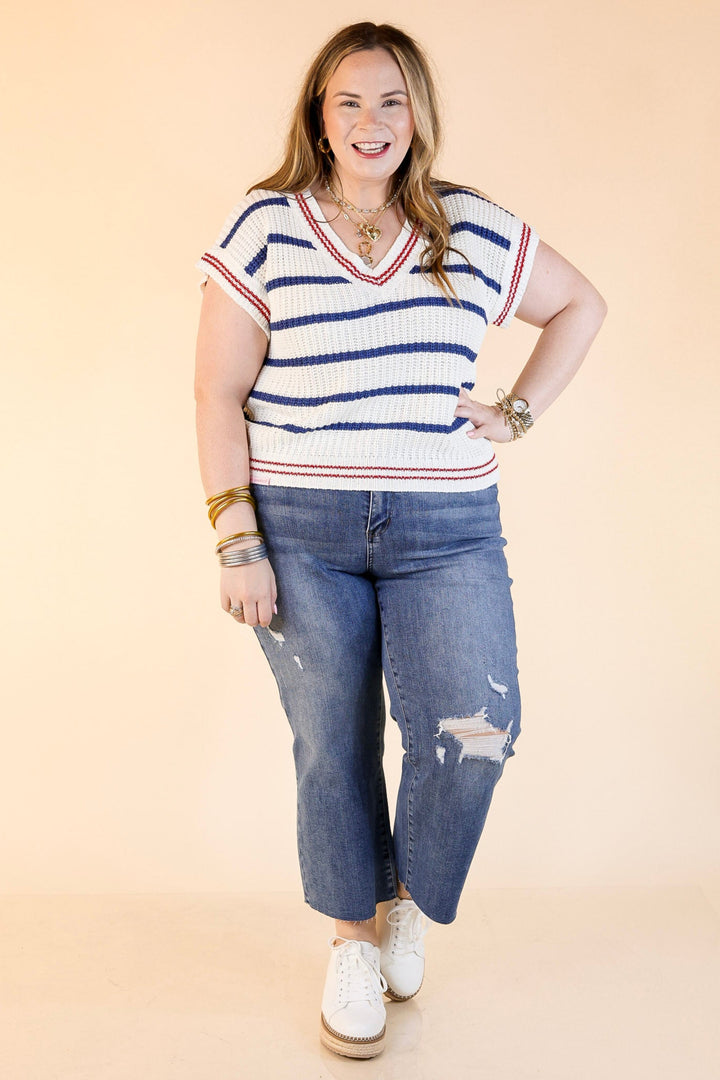Simply Southern | Go with the Flow Striped Short Sleeve Sweater Top in Navy Blue