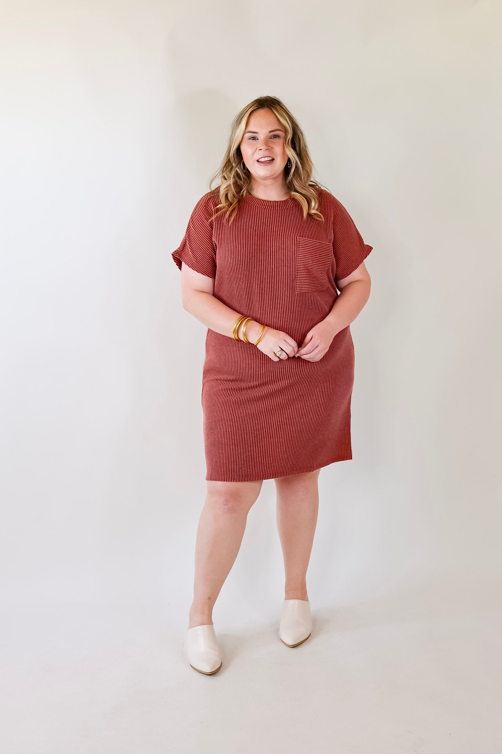Coffee and Carefree Ribbed Short Sleeve Dress with Front Pocket in Rust Red - Giddy Up Glamour Boutique