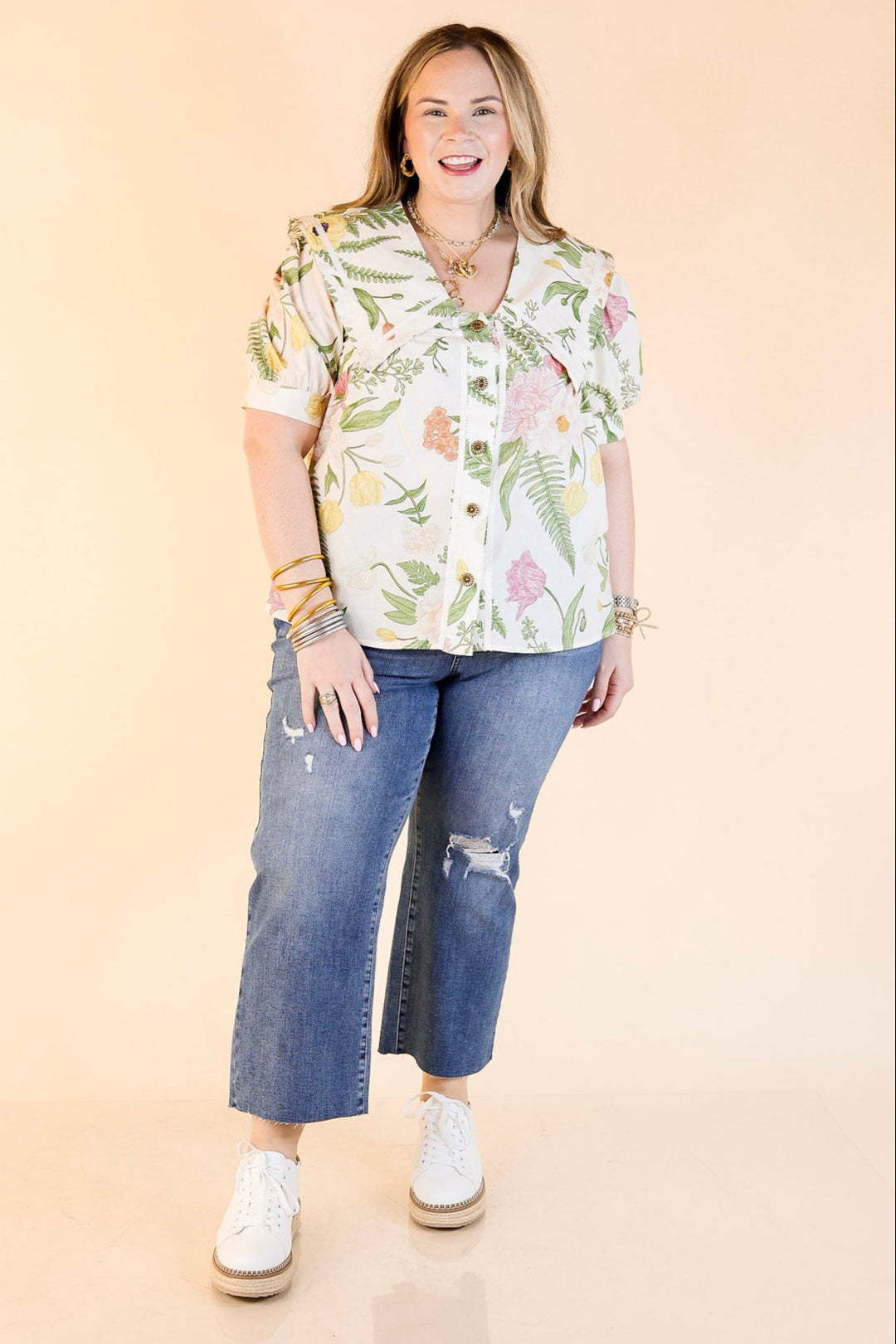 Finishing Touches Button Up Floral Print Top with Peter Pan Collar in Cream