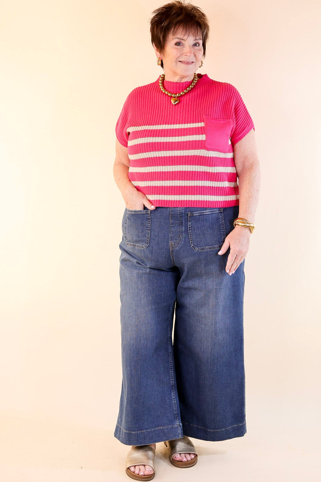 Repeat Worthy Striped Cap Sleeve Cropped Sweater with Front Pocket in Hot Pink