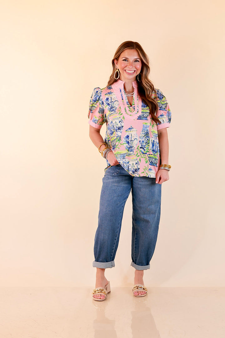 Coast is Clear Vase Print Contrast Trim Top with Puff Sleeves in Coral Pink Multi