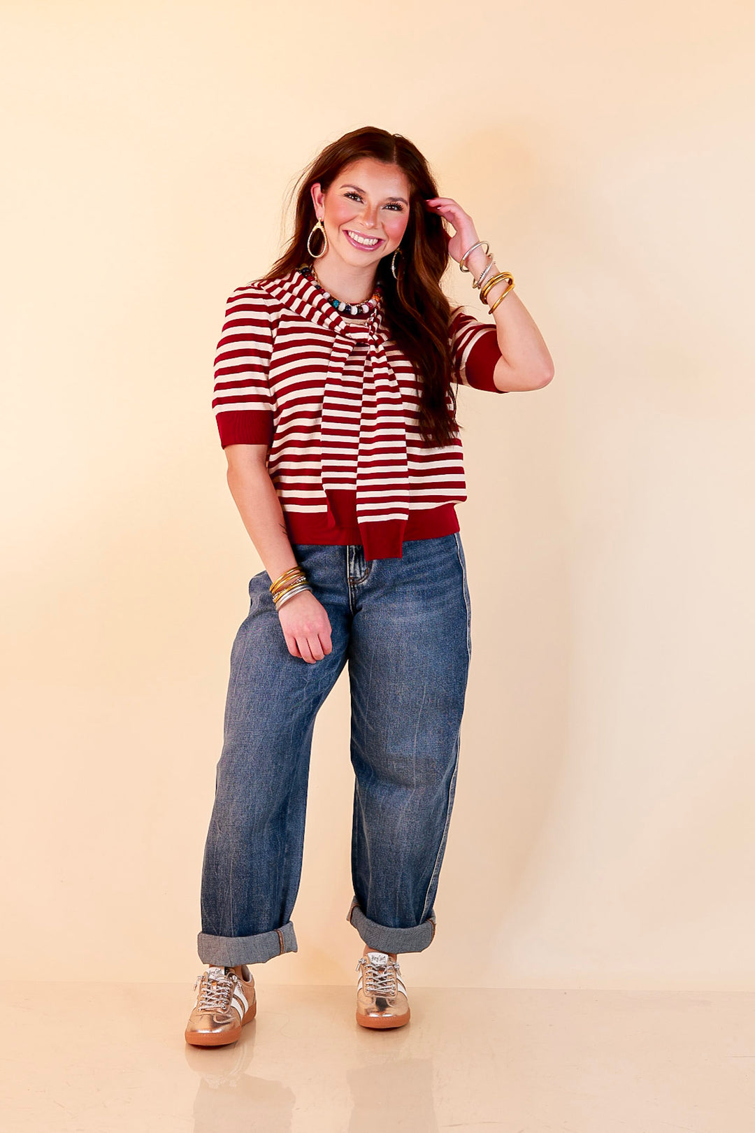 Leading Lady Faux Sweater Tie Detail Short Sleeve Striped Knit Top in Burgundy and Ivory