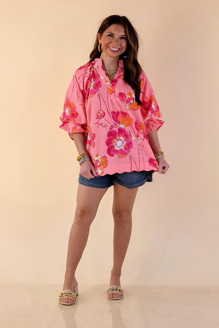 Petal Perfect Floral Print Textured Puff Sleeve Top with Ruffle Split Neckline in Pink Mix