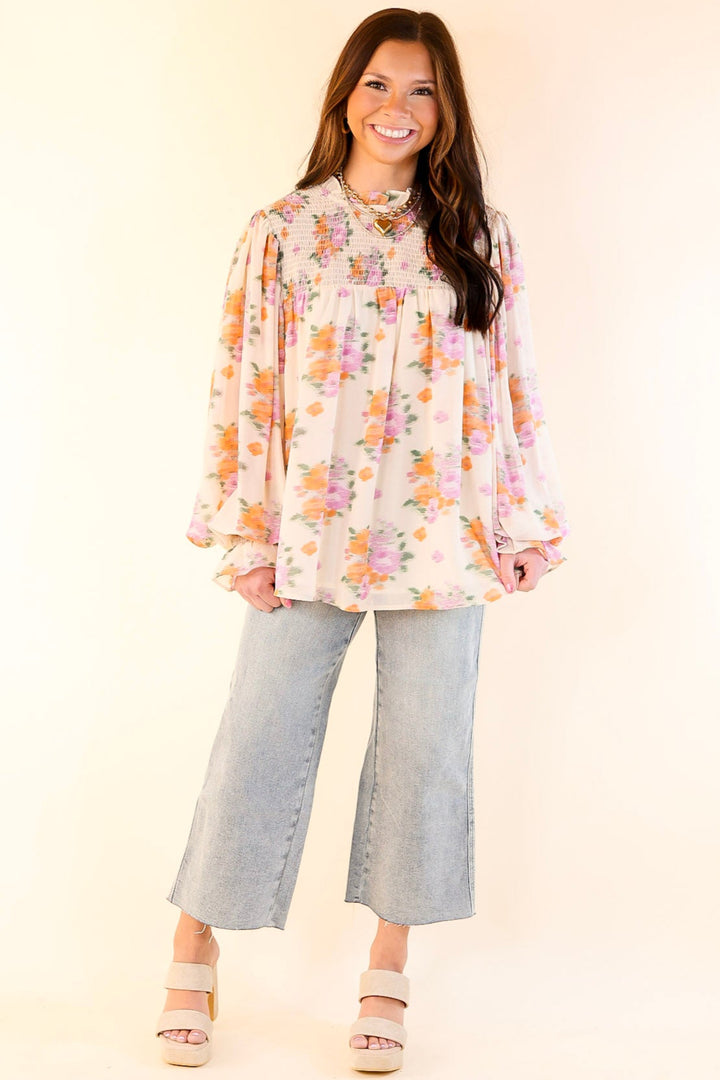 Garden Glow Watercolor Floral Print Blouse with High Neckline in Ivory