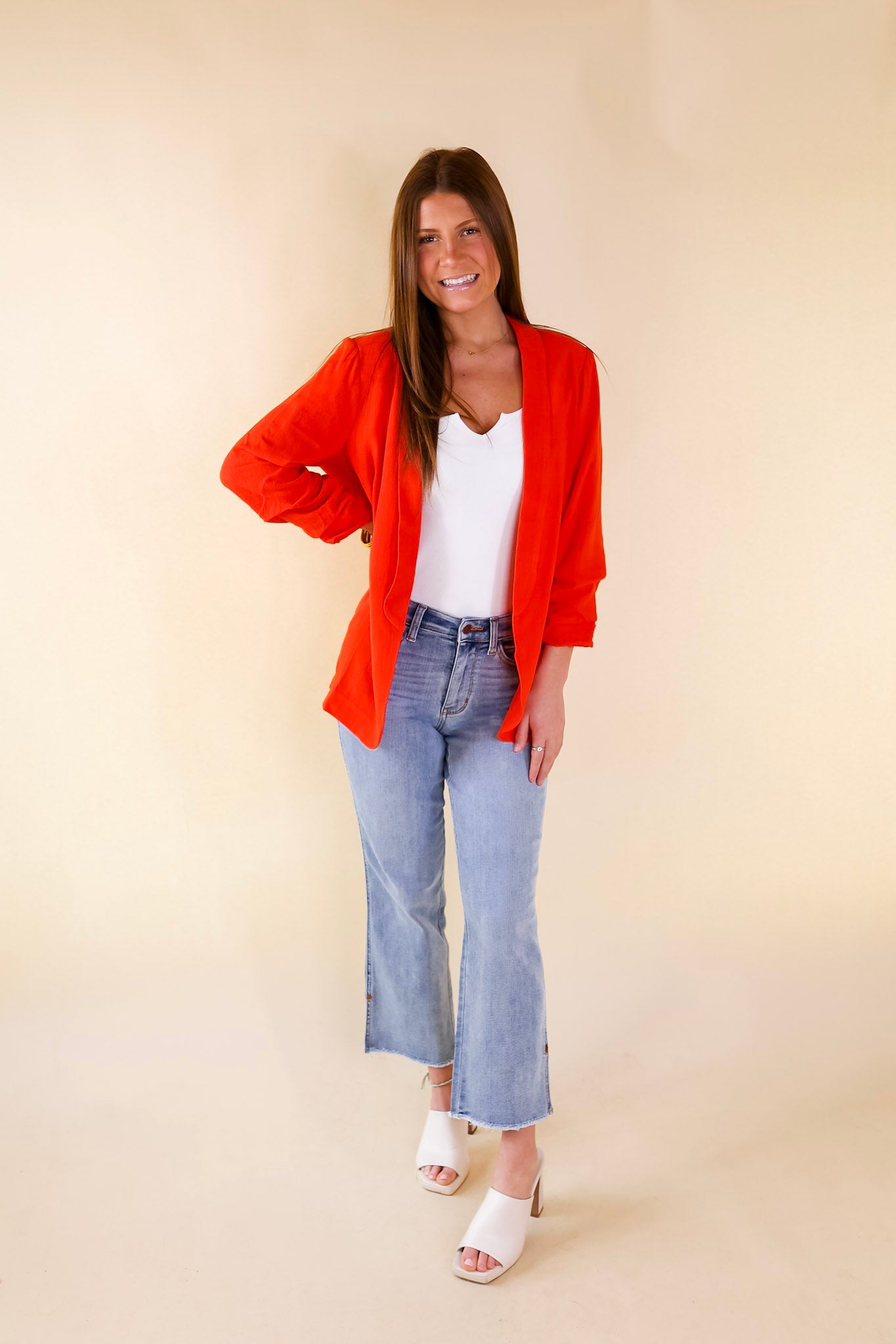 Promise Me Open Front Linen Blazer in Red - Giddy Up Glamour Boutique