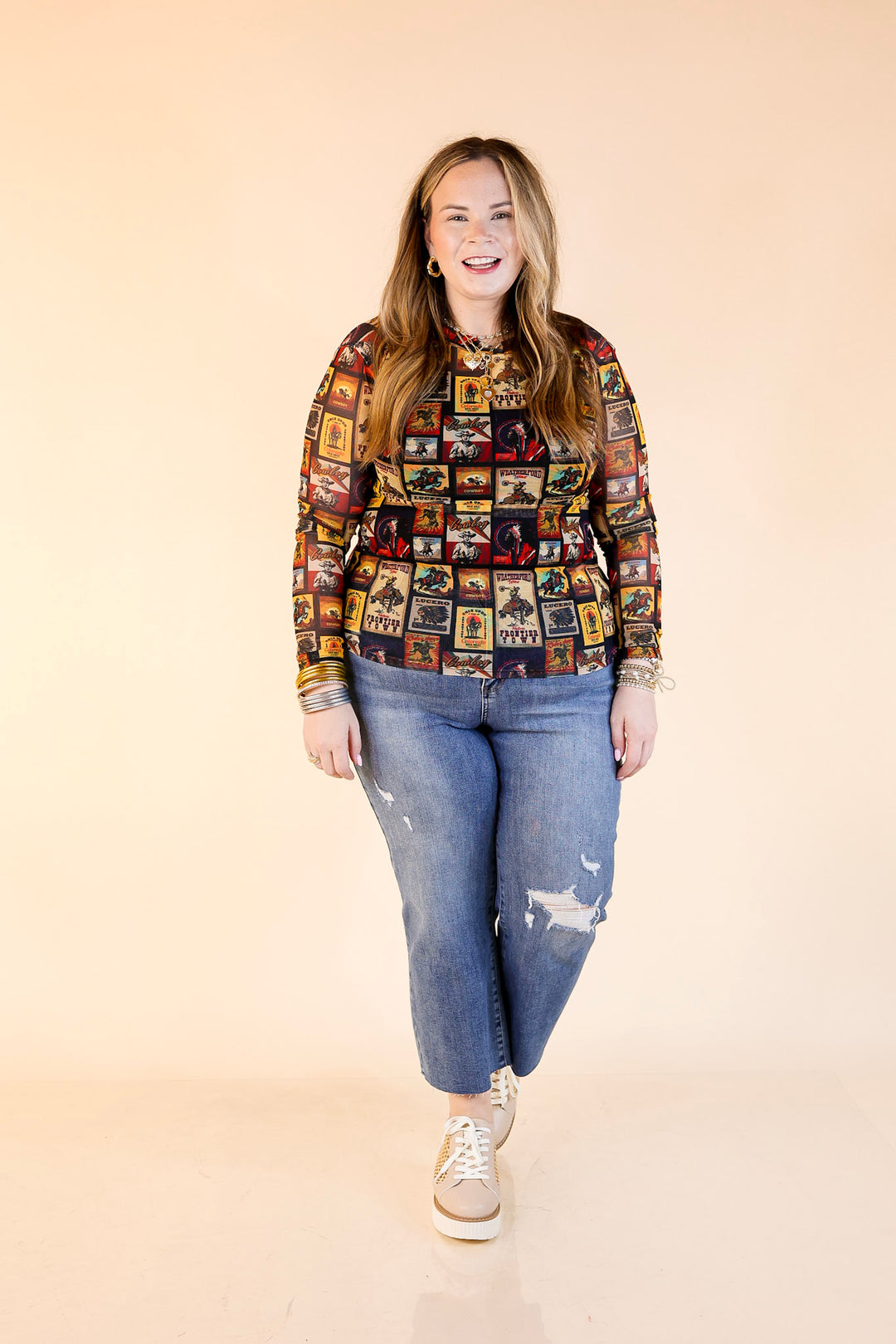 Light Layer Vintage Poster Print Mesh Long Sleeve Top