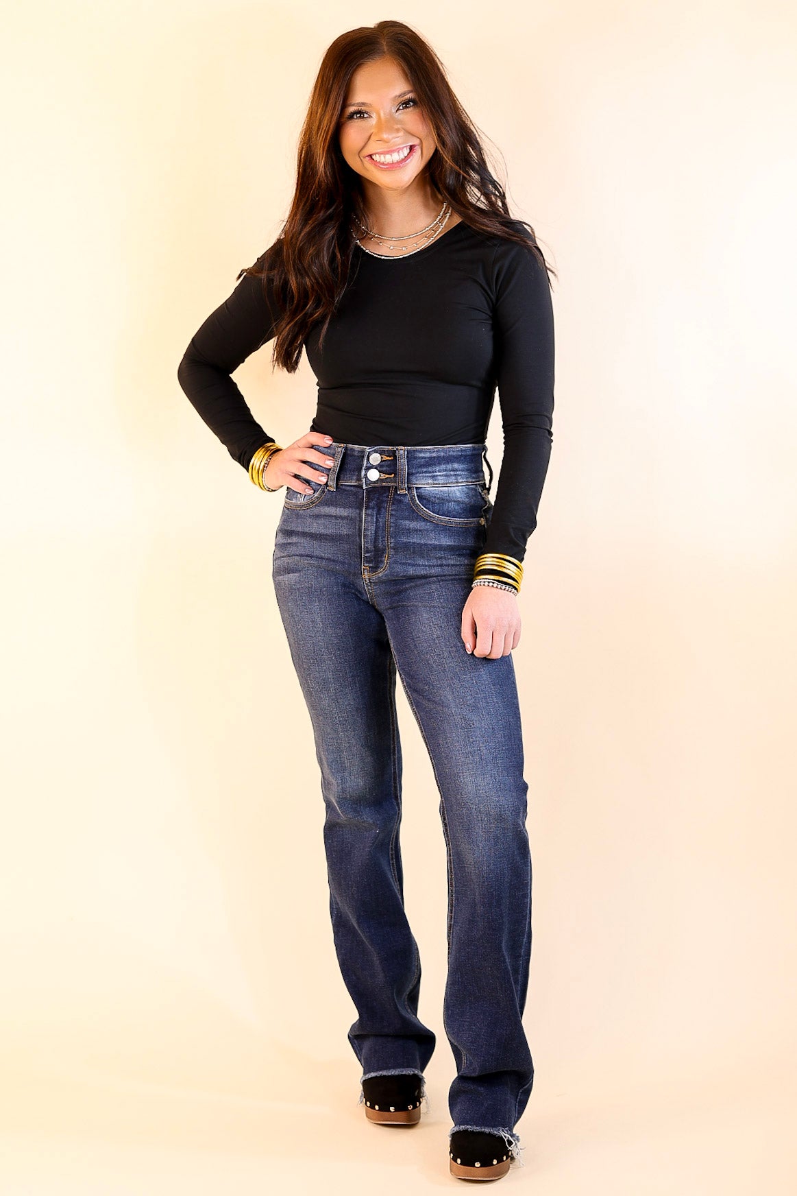 Judy Blue | A New Me Double Button Bootcut Jeans in Dark Wash