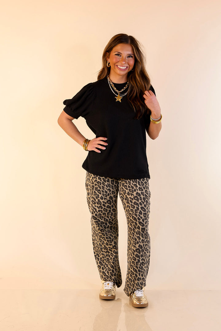 Sweet Sophistication Puff Short Sleeve Ribbed Top with Scoop Neck in Black