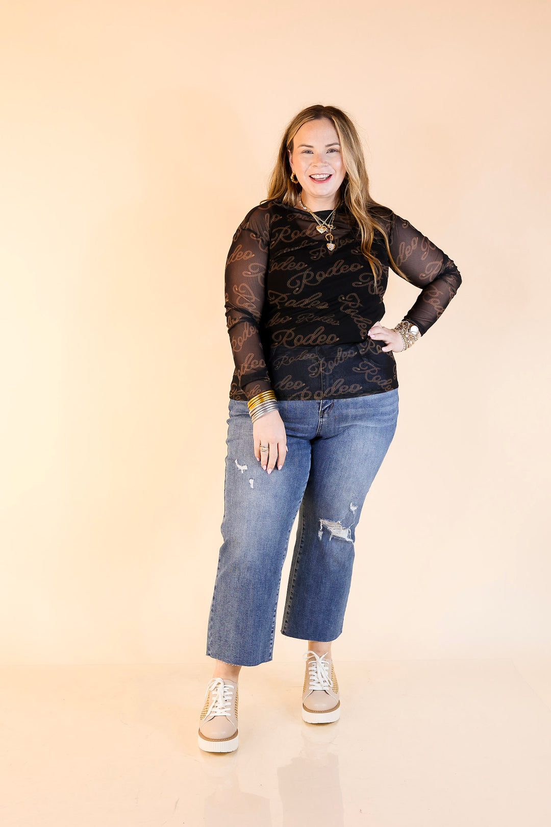 Light Layer Rodeo Western Script Print Mesh Long Sleeve Top in Black