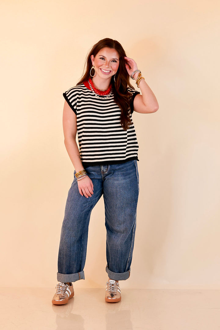 Worth the Hype Red Trim Crew Neck Stripe Sweater Knit Top in Black and Ivory