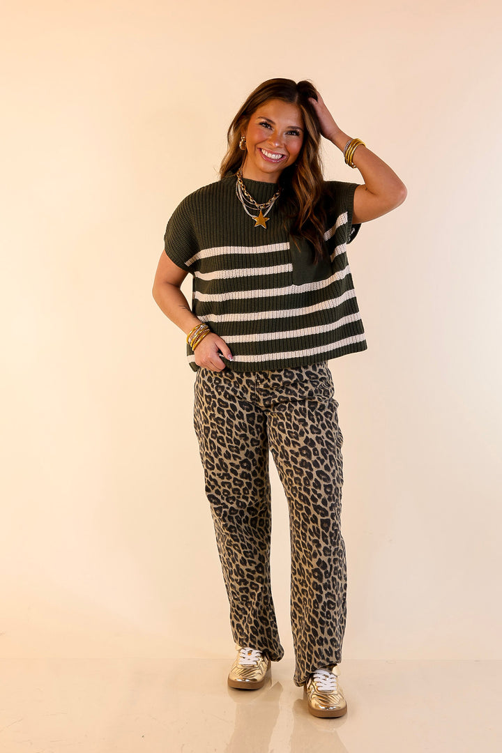 Repeat Worthy Striped Cap Sleeve Cropped Sweater with Front Pocket in Olive Green