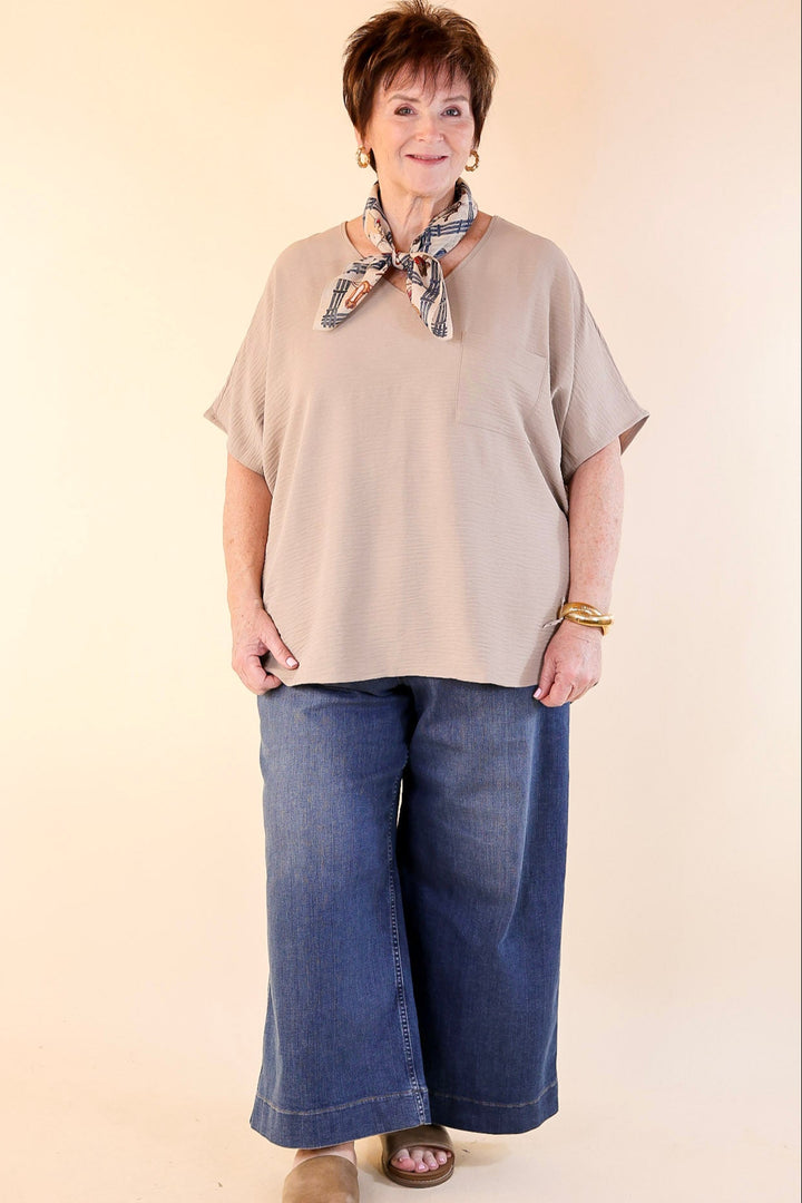 Try To Resist Short Sleeve V Neck Top with Front Pocket in Light Mocha Brown