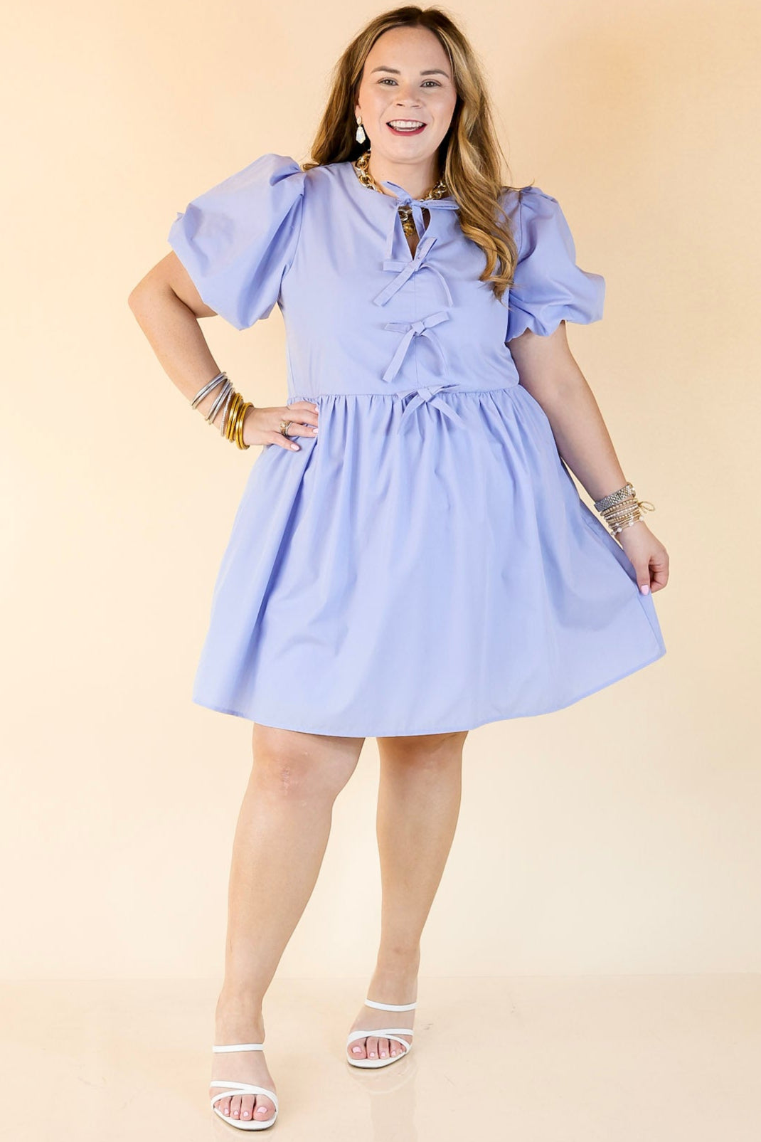 Short and Sweet Dress with Short Puff Sleeves and Bows in Light Blue