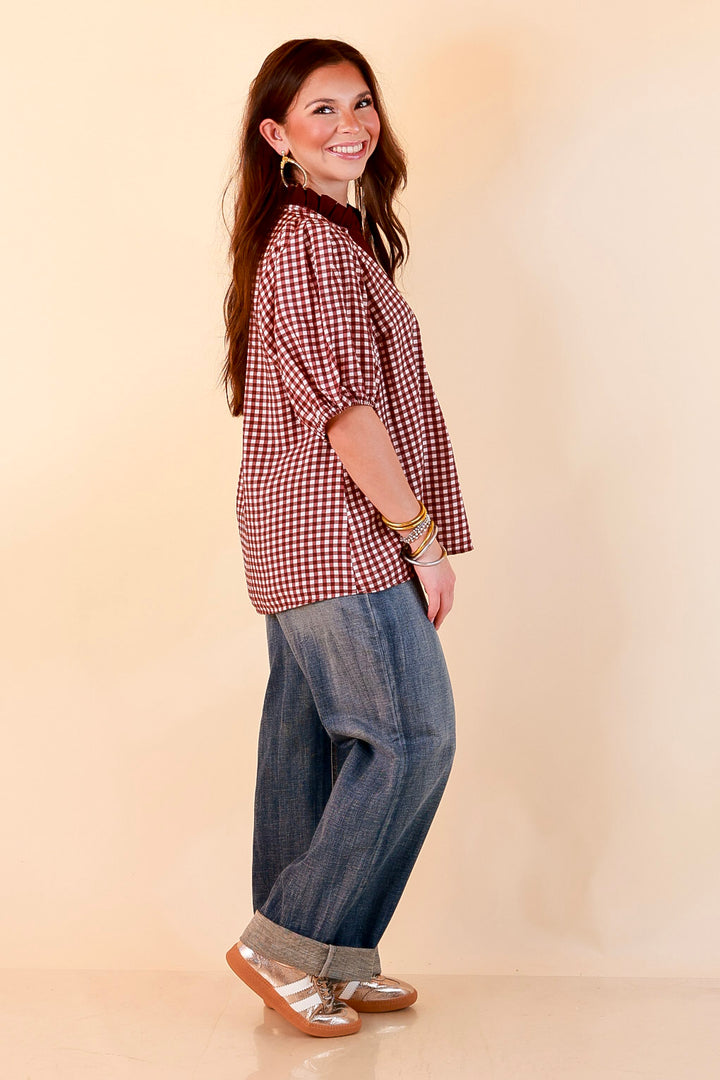 Check the Agenda Contrast V-Neck Button Detail Gingham Puff Sleeve Top in Maroon and Ivory