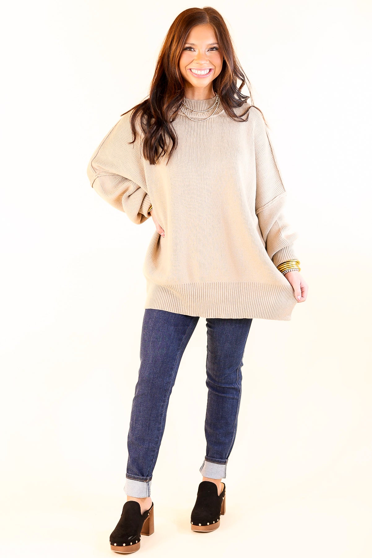 Snug and Stylish Mock Neck Sweater with Side Slit in Light Mocha Brown