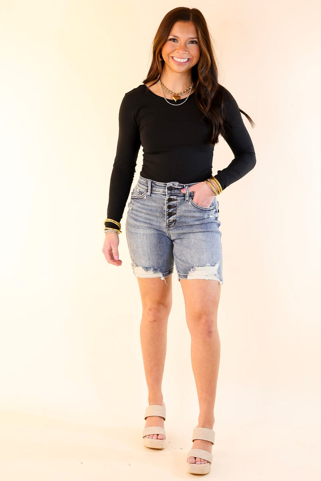 Judy Blue | Spring Bliss Button Fly Mid Length Shorts with Destroy in Medium Wash