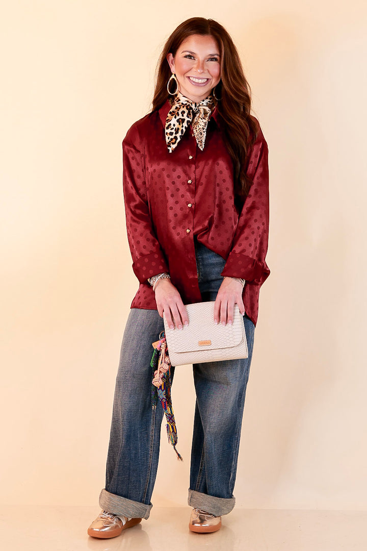 Polished Point of View Satin Collared Polka Dot Button Down Blouse with Gold Buttons in Maroon