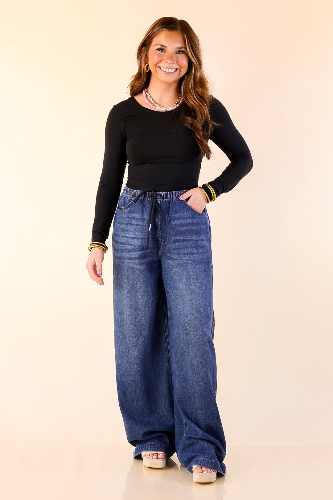 Judy Blue | Easy Like That Wide Leg Palazzo Featherweight Elastic Waistband Jeans in Dark Wash