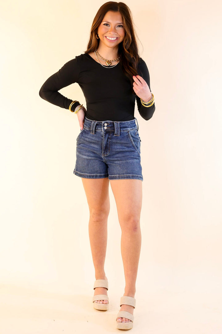 Judy Blue | Chic and Simple Trouser Shorts with Double Button Waistband in Dark Wash